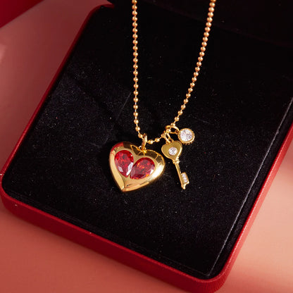 Red Zircon Heart and Key Gold Pendant Valentine's Gift Necklace - Womens