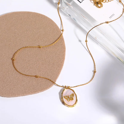 Butterfly Seahell Photo Locket Gold Pendant Necklace - Womens