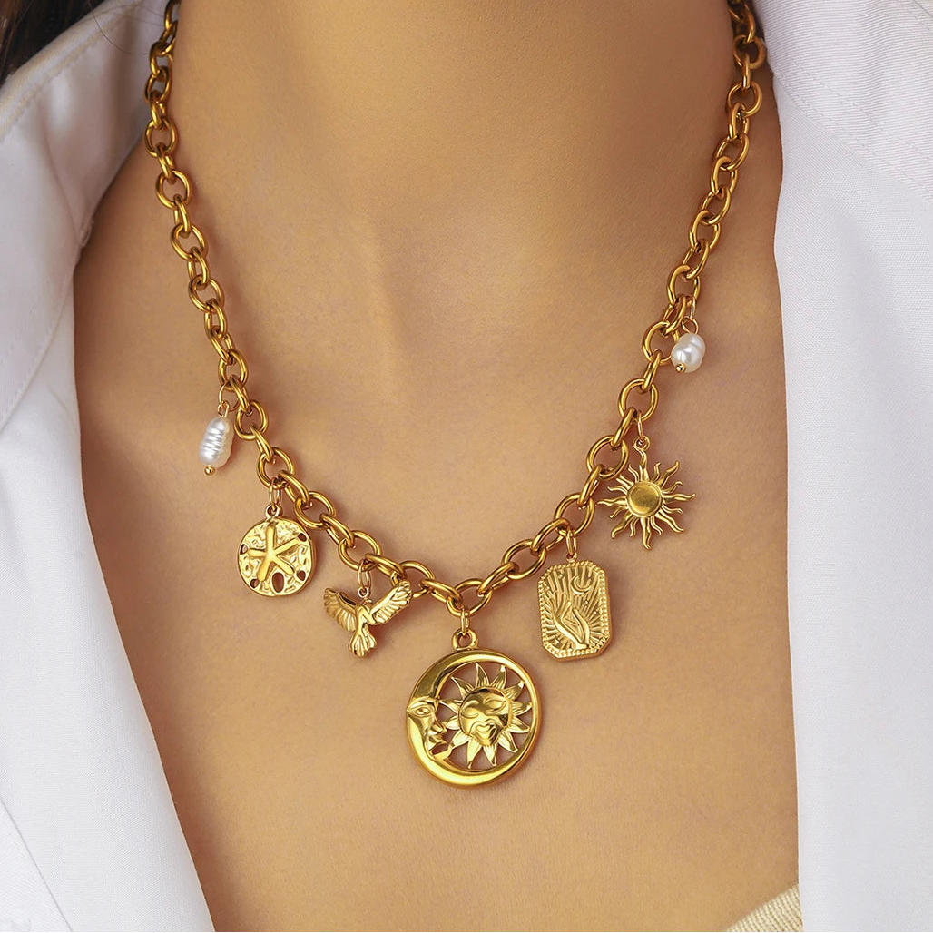 Sun Moon Pearl Pendant Gold Charm Necklace - Adjustable - Womens