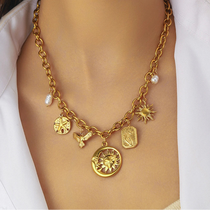 Sun Moon Pearl Pendant Gold Charm Necklace - Adjustable - Womens