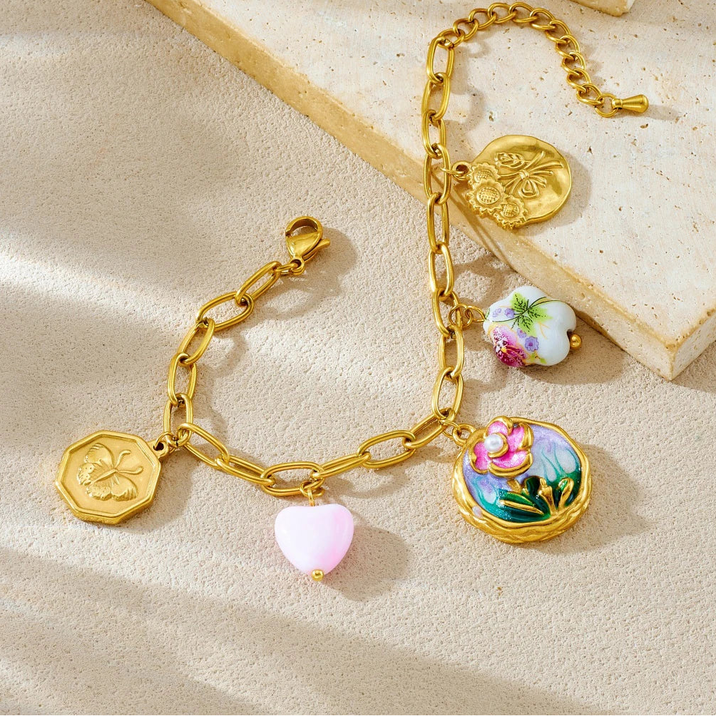 Coquette Flower Butterfly Heart Gold Charm Bracelet - Womens