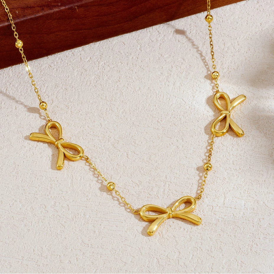 Coquette Gold Bow Necklace Choker - Womens