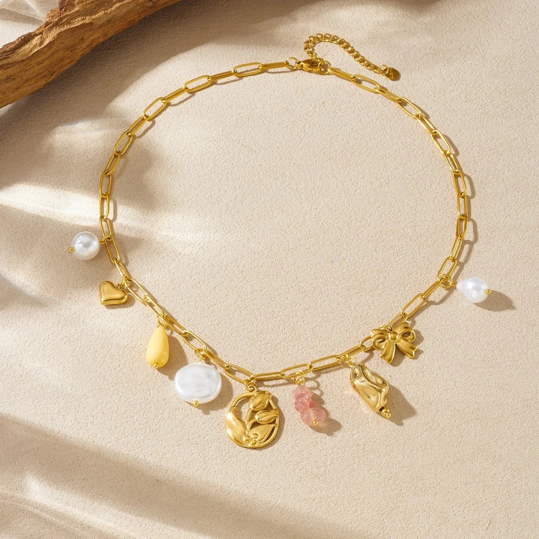 Vintage Pearl Rose Heart and Bow Gold Charm Pendant Necklace - Womens
