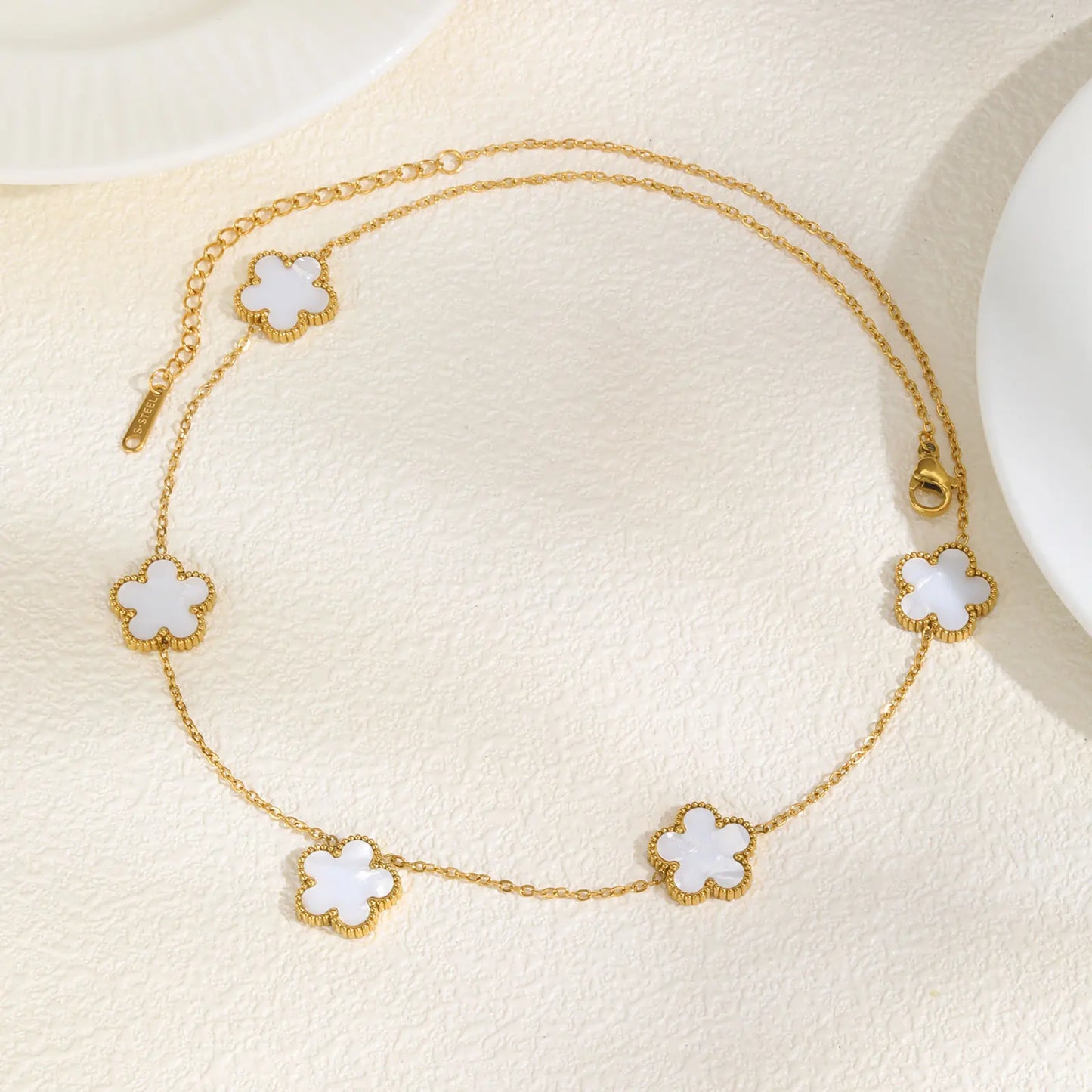 Leaf Clover Flower Pendant Gold Charm Necklace - Stainless Steel - Womens