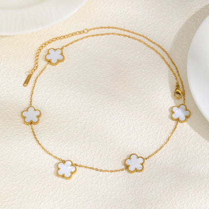 Leaf Clover Flower Pendant Gold Charm Necklace - Stainless Steel - Womens