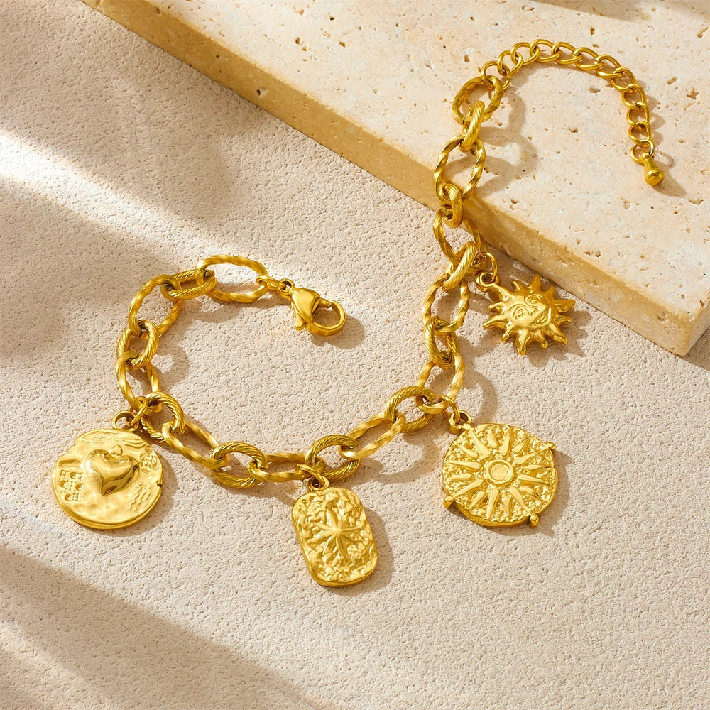 Coquette Sun and Heart Pendant Gold Charm Bracelet - Stainless Steel - Womens