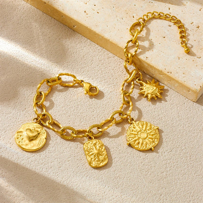 Coquette Sun and Heart Pendant Gold Charm Bracelet - Stainless Steel - Womens
