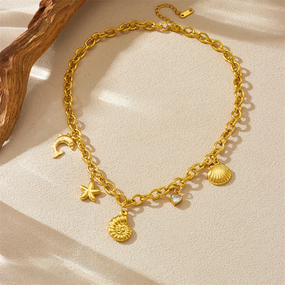Boho Beach Conch Seashell Starfish Dolphin Gold Pendant Charm Necklace - Womens