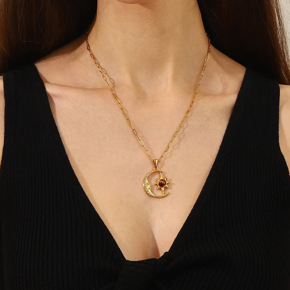 Crescent Moon Star Zircon Gold Pendant Necklace - Womens