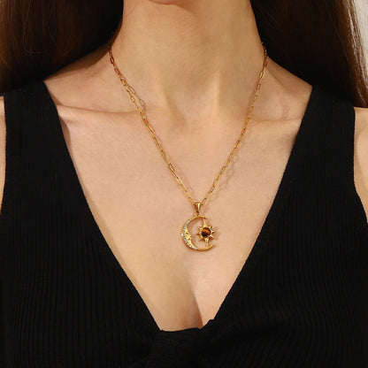 Crescent Moon Star Zircon Gold Pendant Necklace - Womens