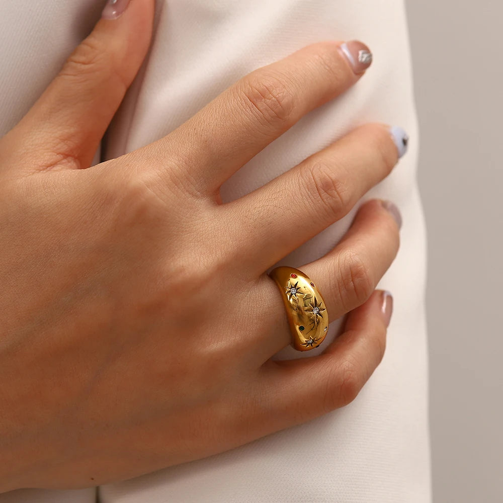 Rainbow Celestial Star Chunky Gold Ring - Womens