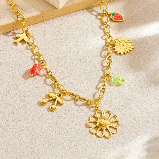 Flower Cherry Strawberry Evil Eye Pendant Gold Charm Necklace - Stainless Steel - Womens