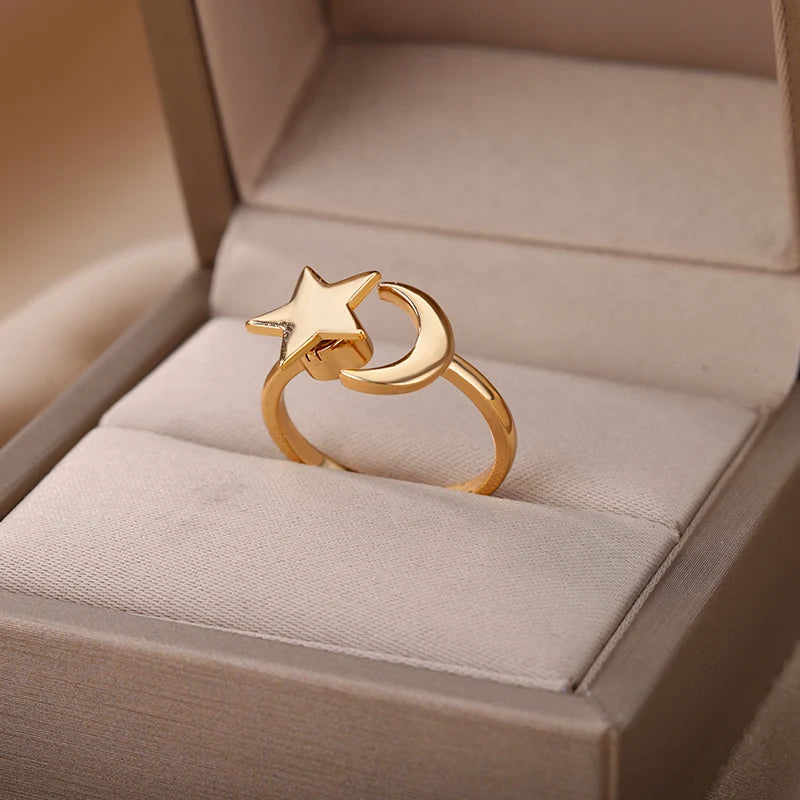 Dainty Star and Moon Gold Adjustable Ring - Womens