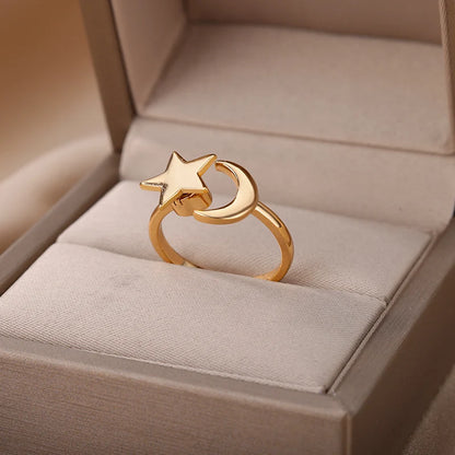 Dainty Star and Moon Gold Adjustable Ring - Womens