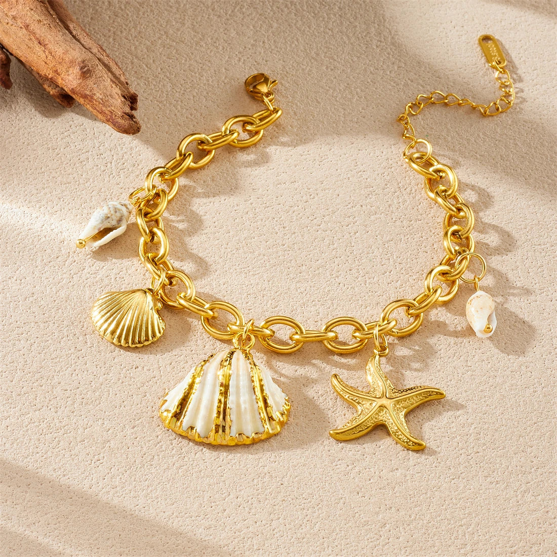 Boho Beach Shell and Starfish Gold Pendant Adjustable Charm Bracelet - Womens