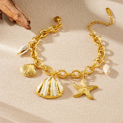 Boho Beach Shell and Starfish Gold Pendant Adjustable Charm Bracelet - Womens