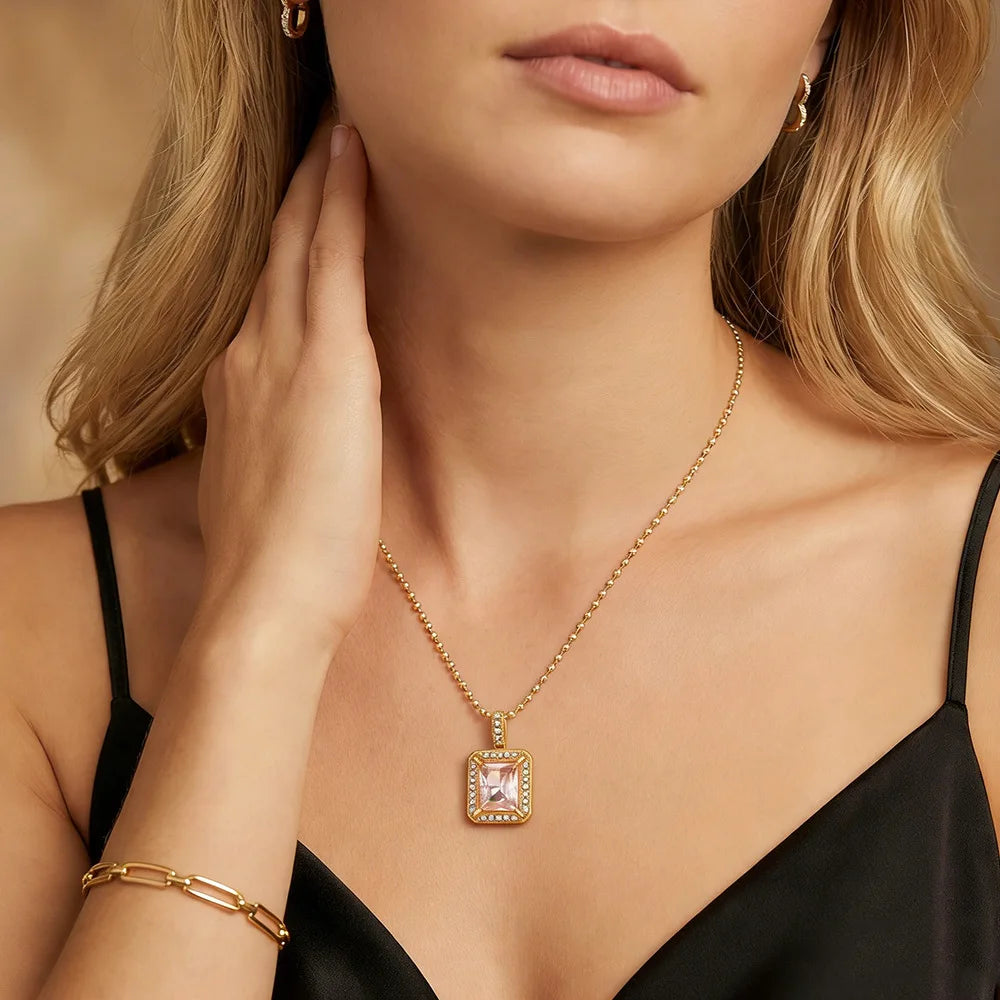 Zircon Square Pink Gemstone Gold Pendant Necklace - Stainless Steel - Womens