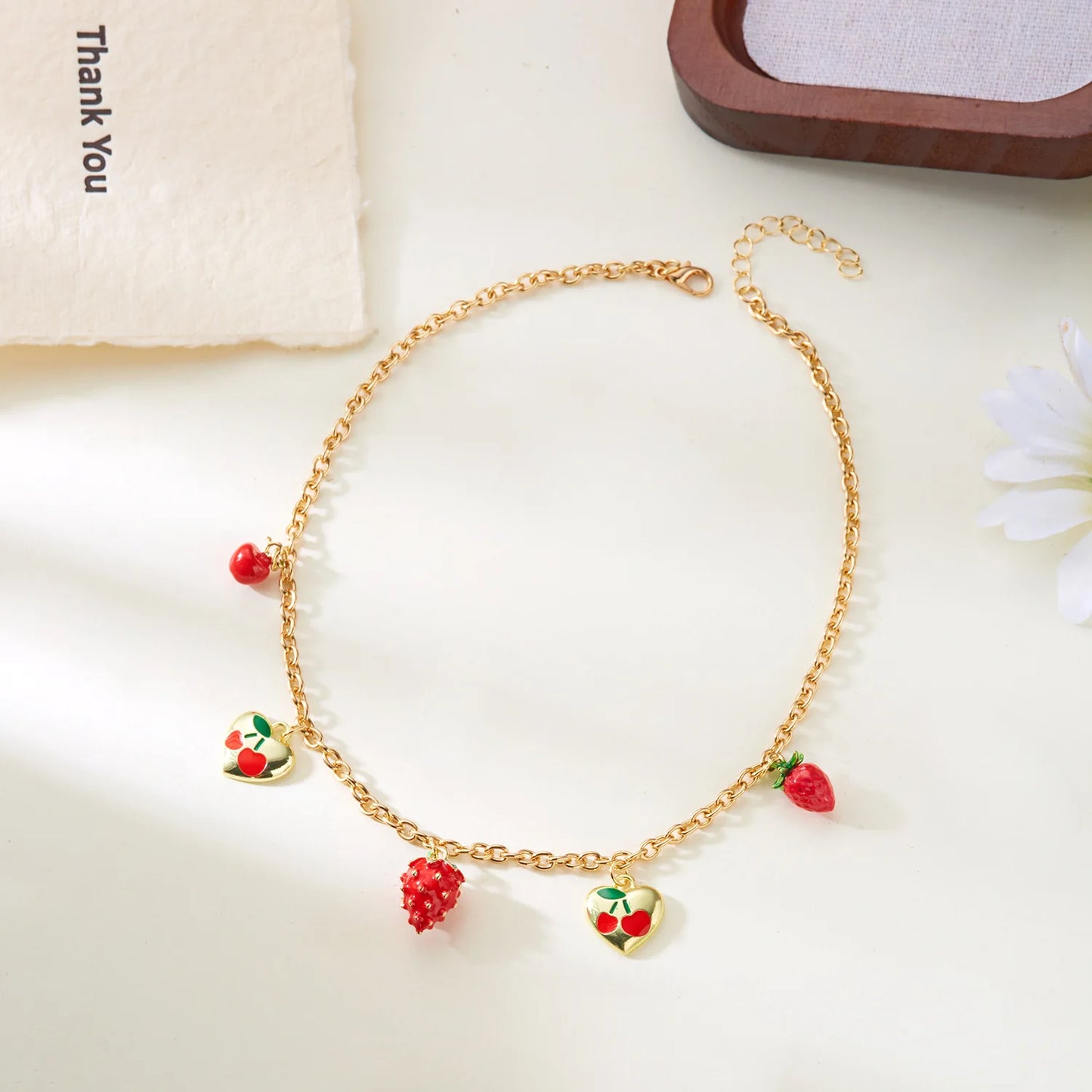 Y2K Strawberry Cherry Love Heart Pendant Gold Charm Necklace - Womens