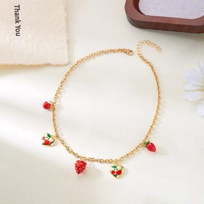 Y2K Strawberry Cherry Love Heart Pendant Gold Charm Necklace - Womens