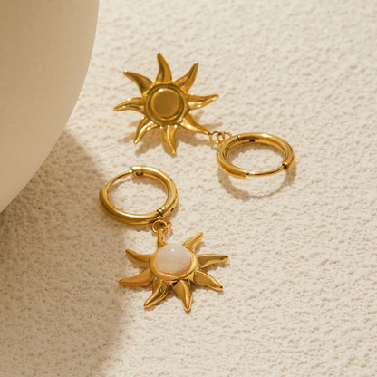Celestial Moonstone Sun Gold Pendant Dangle Earrings - Womens