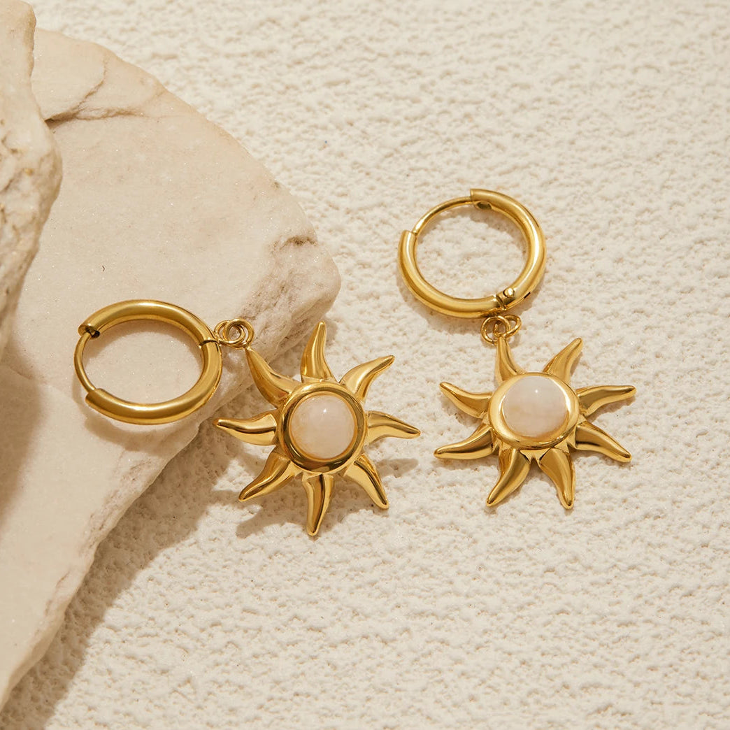 Celestial Moonstone Sun Gold Pendant Dangle Earrings - Womens