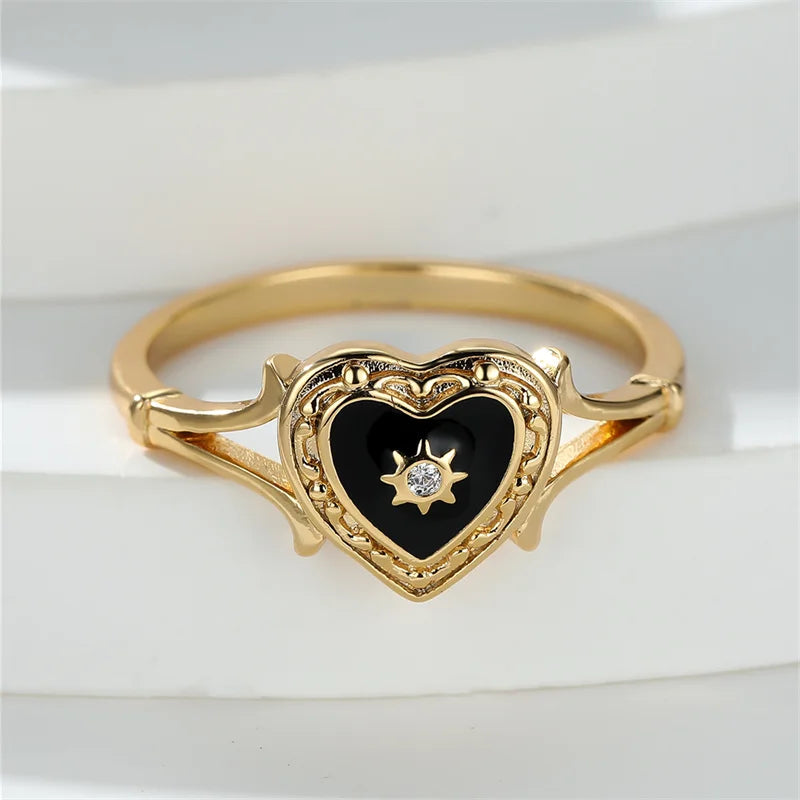 Vintage Black Enamel Heart and Sun Gold Valentine's Day Ring - Womens
