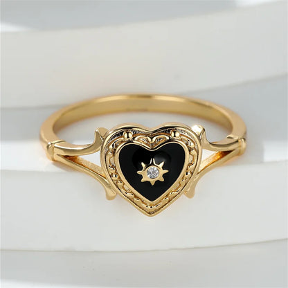 Vintage Black Enamel Heart and Sun Gold Valentine's Day Ring - Womens