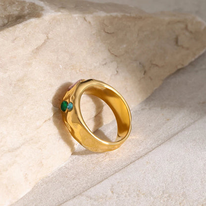 Zirconia Boho Pink, Blue & Green Gemstone Gold Ring - Stainless Steel - Womens