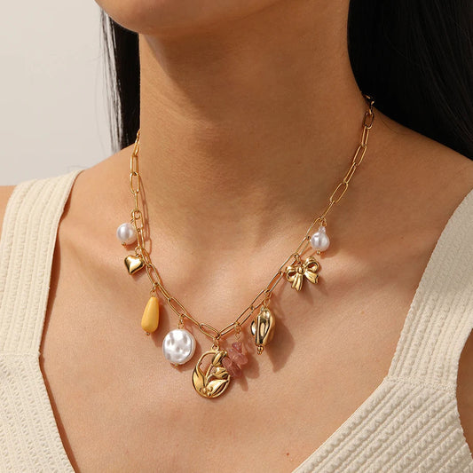 Vintage Pearl Rose Heart and Bow Gold Charm Pendant Necklace - Womens