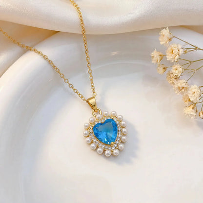 Vintage Zircon Pearl Heart Pendant Necklace - Gold & Silver - Womens