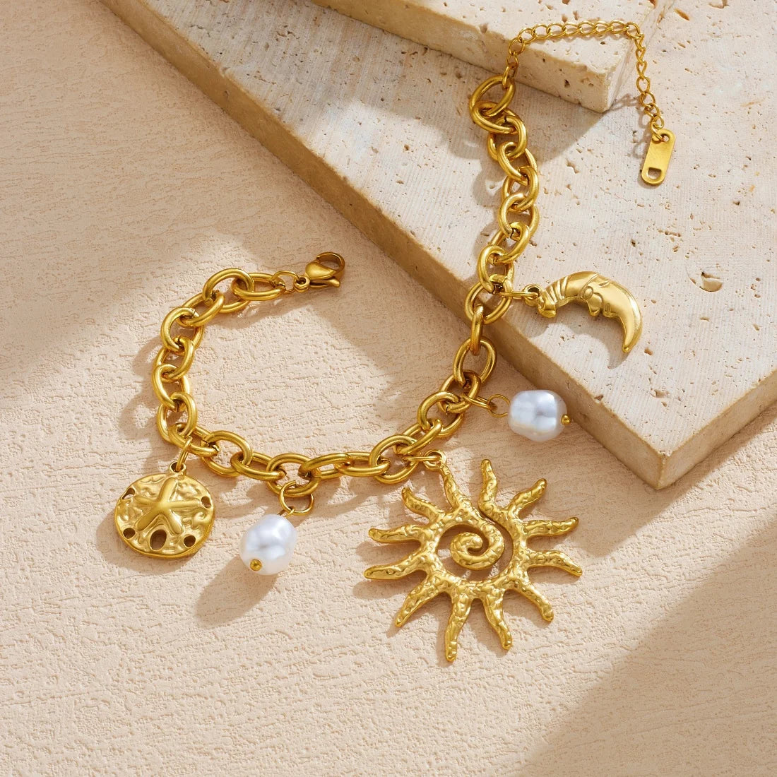 Boho Spiral Sun and Moon Pearl Pendant Gold Charm Bracelet - Stainless Steel - Womens