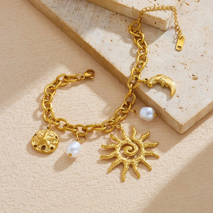 Boho Spiral Sun and Moon Pearl Pendant Gold Charm Bracelet - Stainless Steel - Womens
