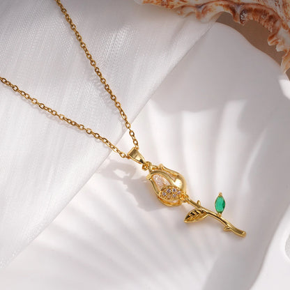 Zircon Tulip Flower Pendant Necklace - Pink, Red & White - Womens