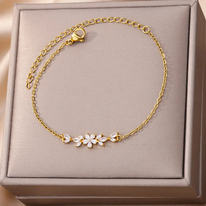 Zircon Flower Charm Bracelet - Gold & Silver - Womens