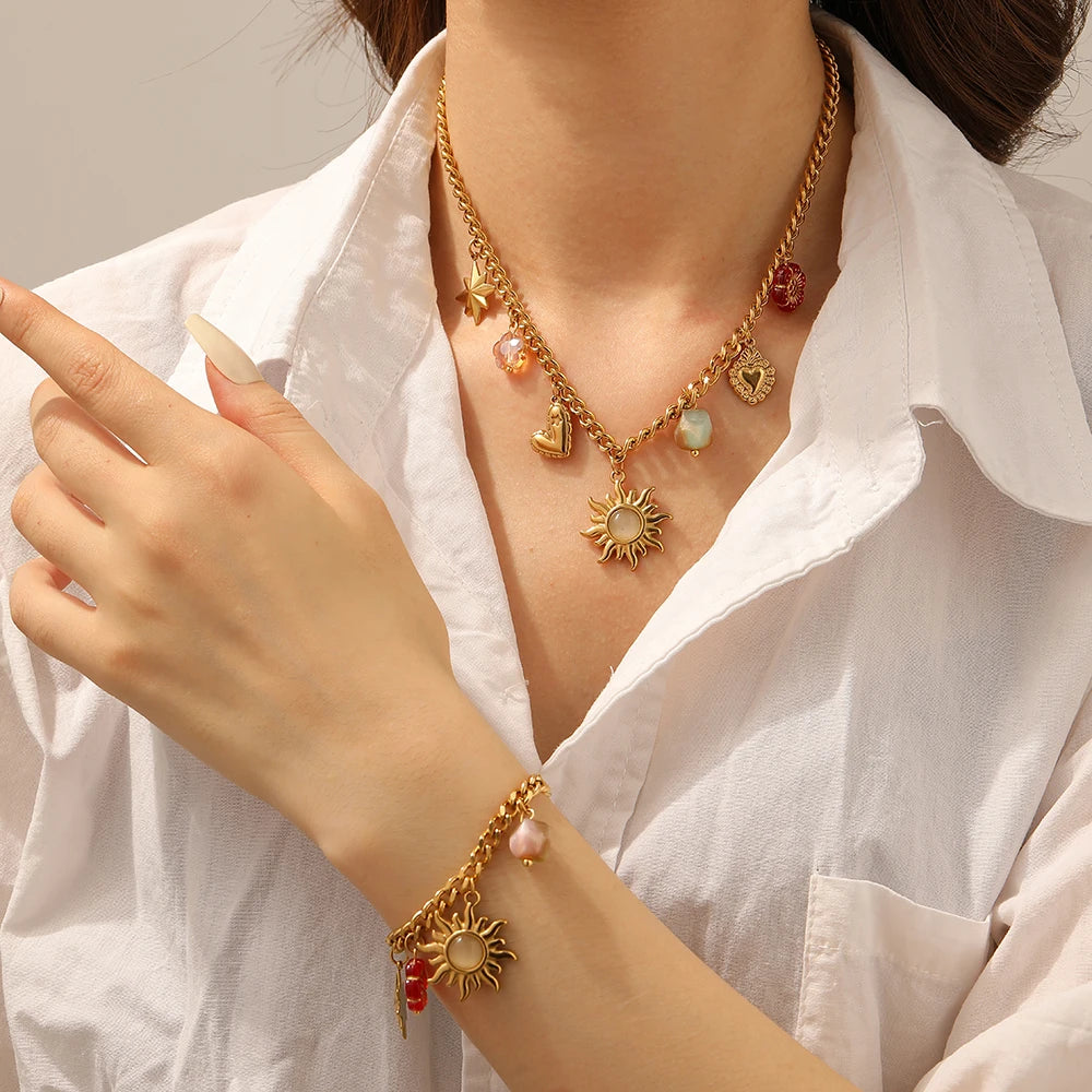 Sun Flower Crystal Heart Pendant Gold Charm Bracelet - Stainless Steel - Womens