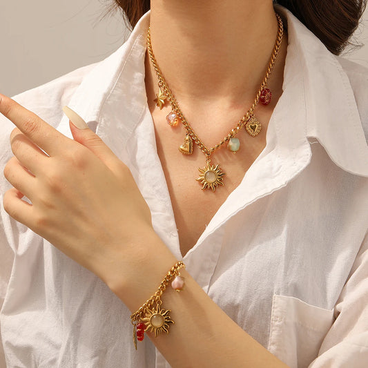 Sun Flower Crystal Heart Pendant Gold Charm Bracelet - Stainless Steel - Womens