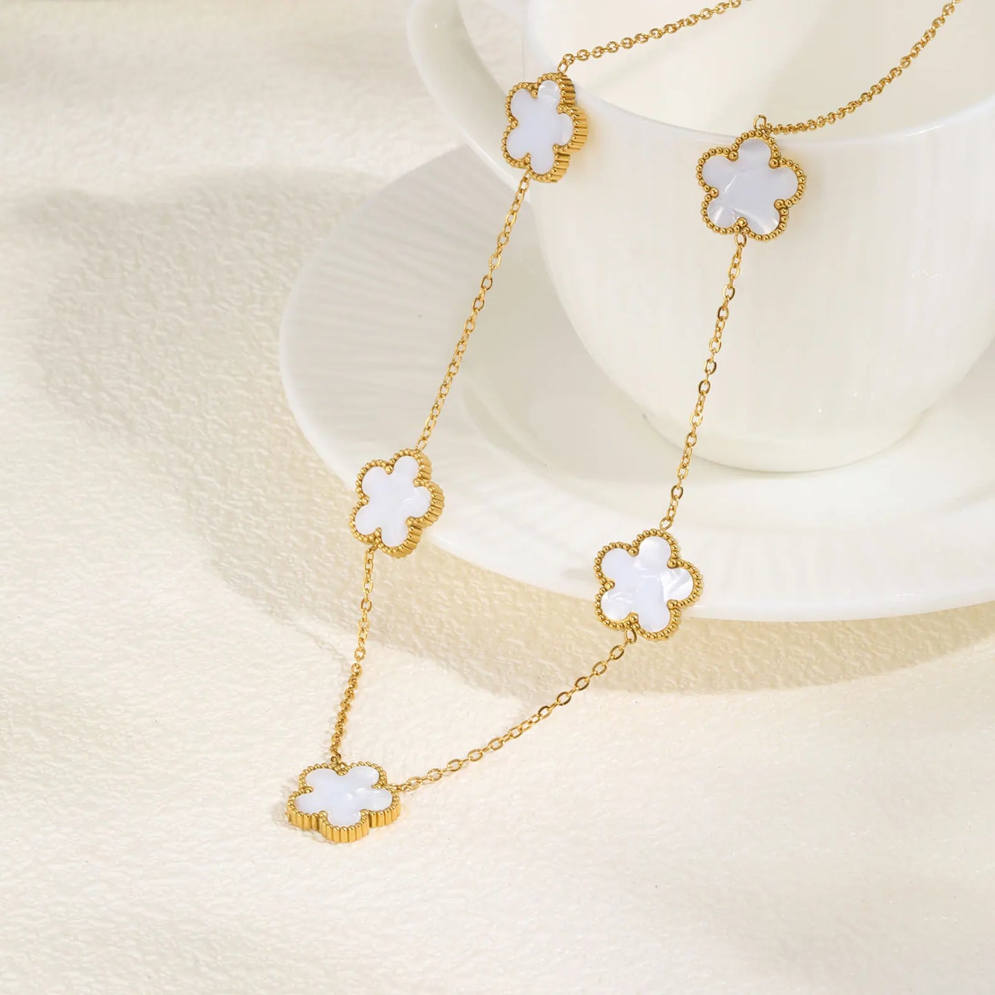 Leaf Clover Flower Pendant Gold Charm Necklace - Stainless Steel - Womens