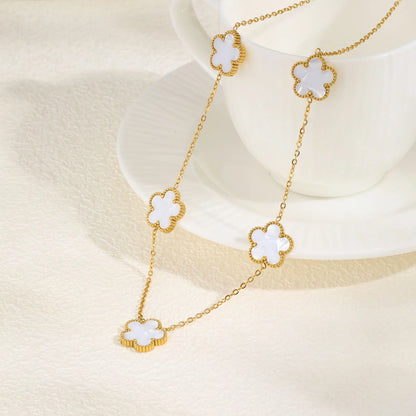 Leaf Clover Flower Pendant Gold Charm Necklace - Stainless Steel - Womens