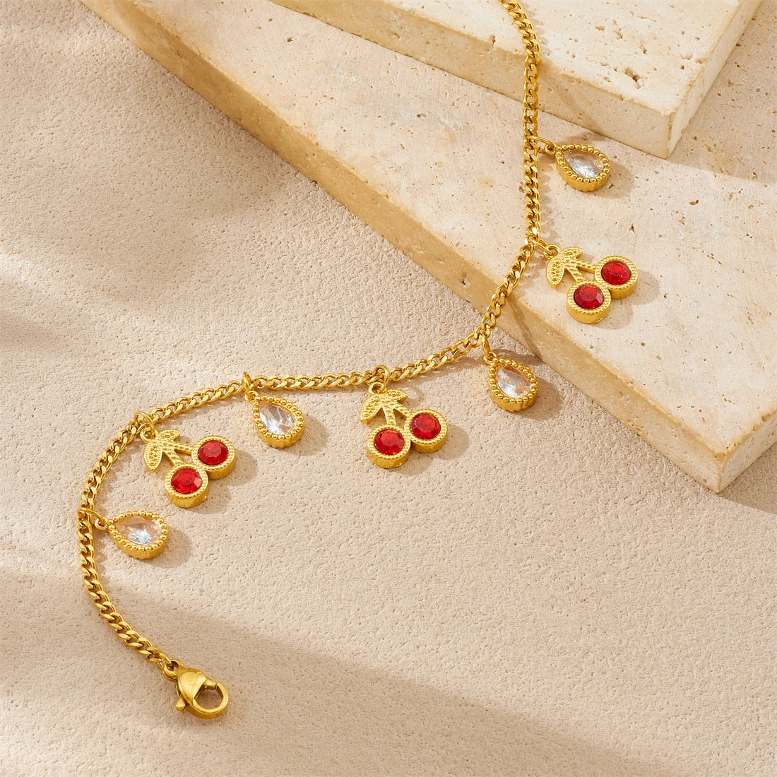 Red Zircon Inlay Cherry Gemstone Gold Charm Bracelet - Stainless Steel - Womens