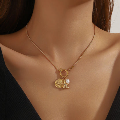 Zircon Beach Starfish Pearl Seashell Gold Pendant Necklace - Womens
