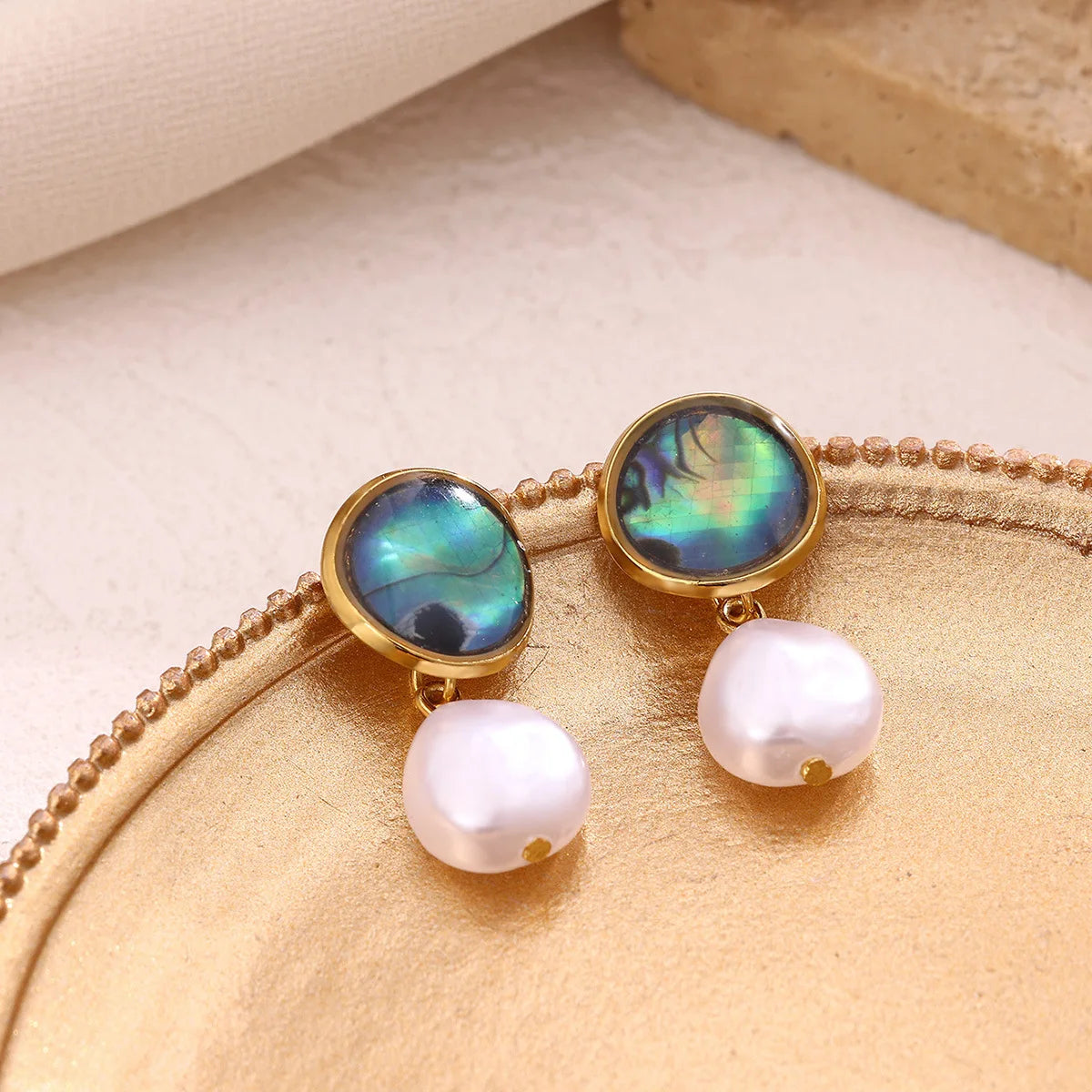 Boho Beach Pearl Abalone Shell Pendant Gold Dangle Earrings - Stainless Steel - Womens