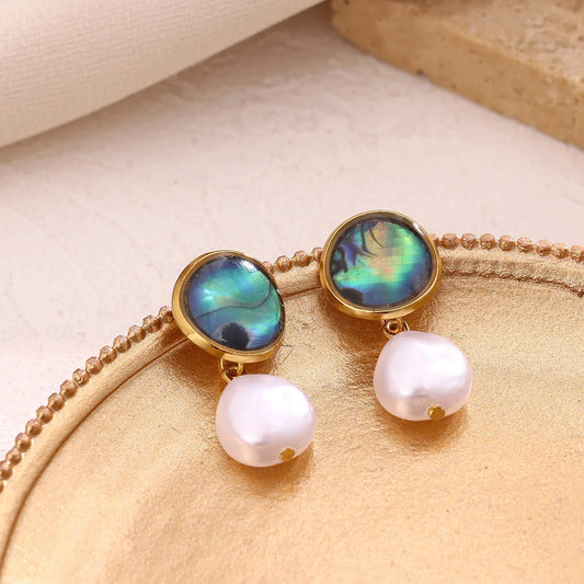 Boho Beach Pearl Abalone Shell Pendant Gold Dangle Earrings - Stainless Steel - Womens