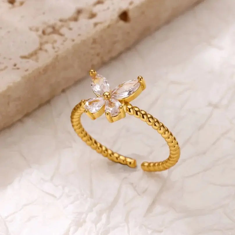 Zircon Butterfly Gold Adjustable Ring - Womens