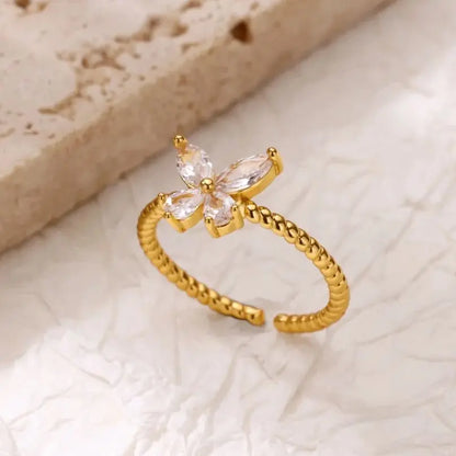 Zircon Butterfly Gold Adjustable Ring - Womens