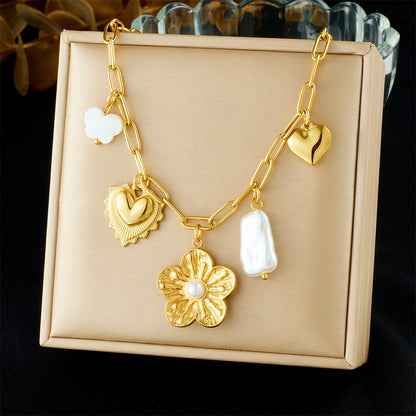Coquette Flower Heart Gold Pearl Pendant Necklace - Womens