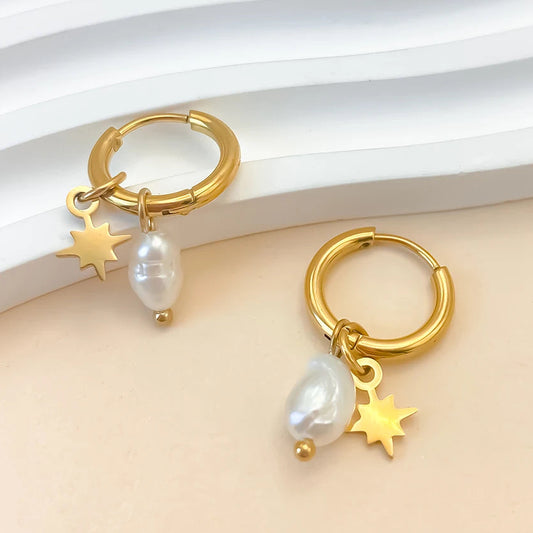 Dainty Star Baroque Pearl Dangle Gold Hoop Earrings - Stainless Steel - Womens