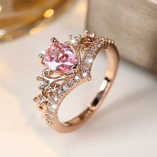 Dainty Princess Pink Zircon Crystal Rose Gold Ring - Womens