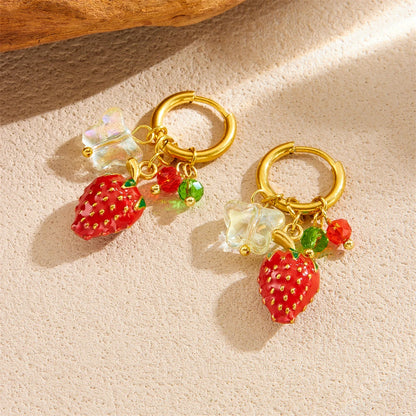 Strawberry Butterfly Dangle Gold Hoop Earrings - Womens