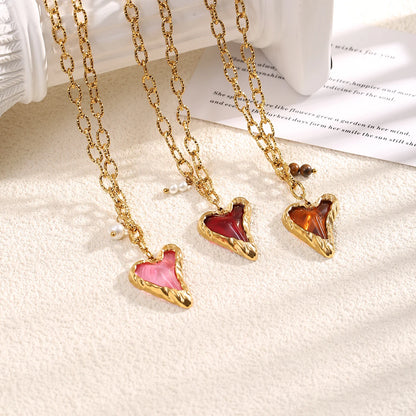 Y2K Pearl Heart Gold Pendant Necklace - Stainless Steel - Womens