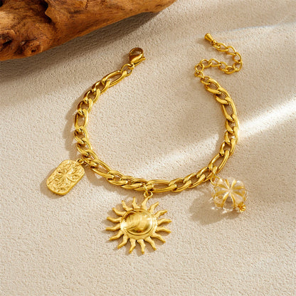 Coquette Sun Pendant Crystal Flower Gold Charm Bracelet - Stainless Steel - Womens